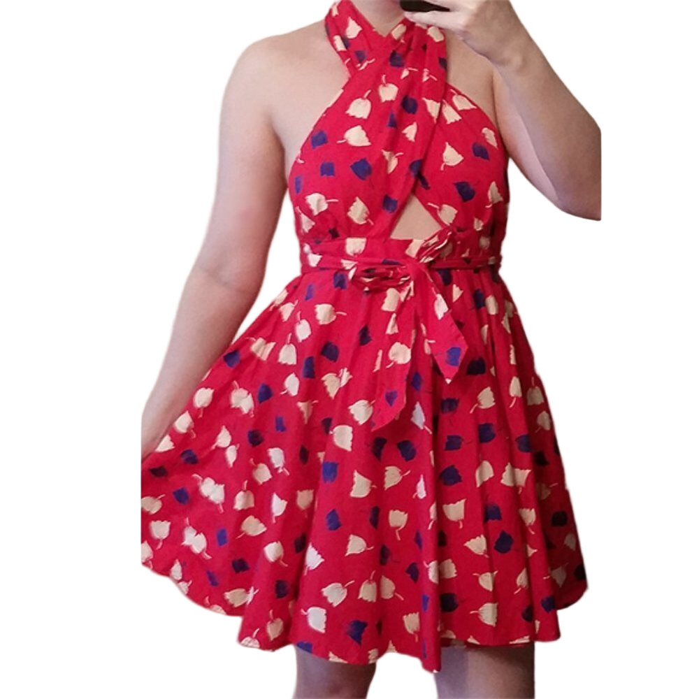 VINTAGE Euro Pinup Retro Halter twist dress 6-8 Open Back Red Flower Print